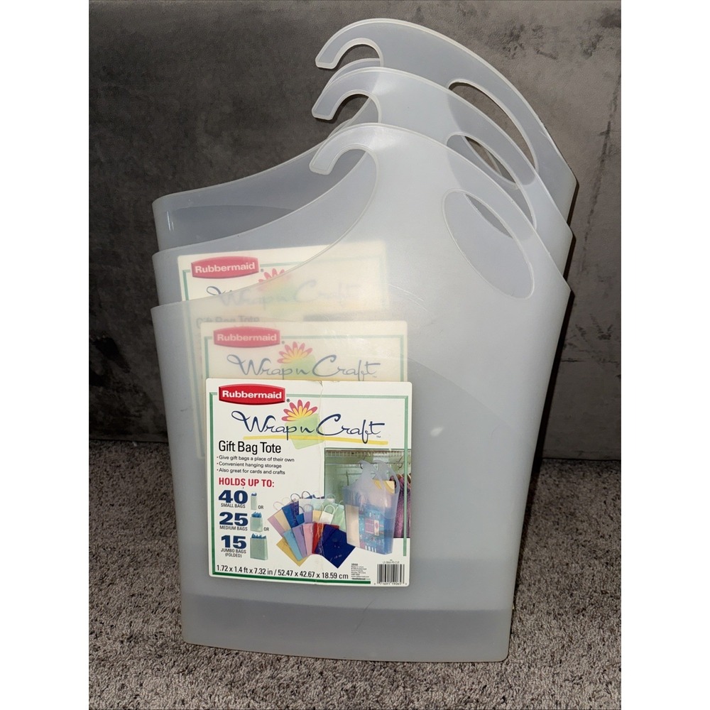 Set of 3 Rubbermaid Wrap n Craft Gift Bag Totes Clear Stackable Hanging 2003 USA